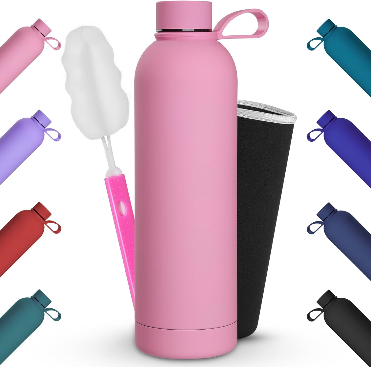 Thermal Insulated Bottle 34Oz Stainless Steel Water Bottle with Brush + Portable Bag Sports Water Bottle Holder for Camping, School, Sports, Gym Pink image number 4