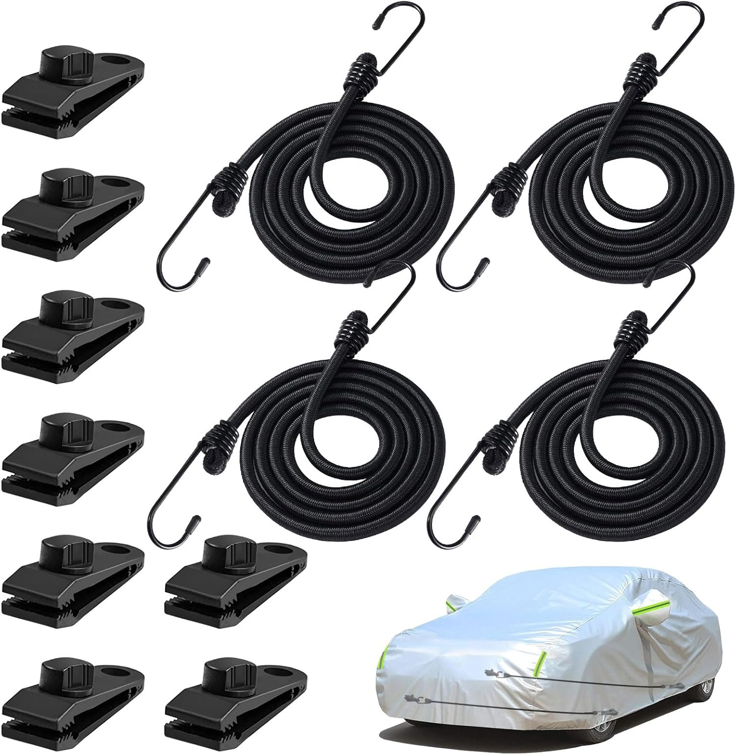 BETERNY 4PCS 50 Inch Car Cover Gust Straps, Heavy Duty Wind Protector Bungee Cords Hook Clips Kit Fit for Most Cars, Sedans, Suvs, Trucks, Vans, Motorcycles, Boat-Black image number 1