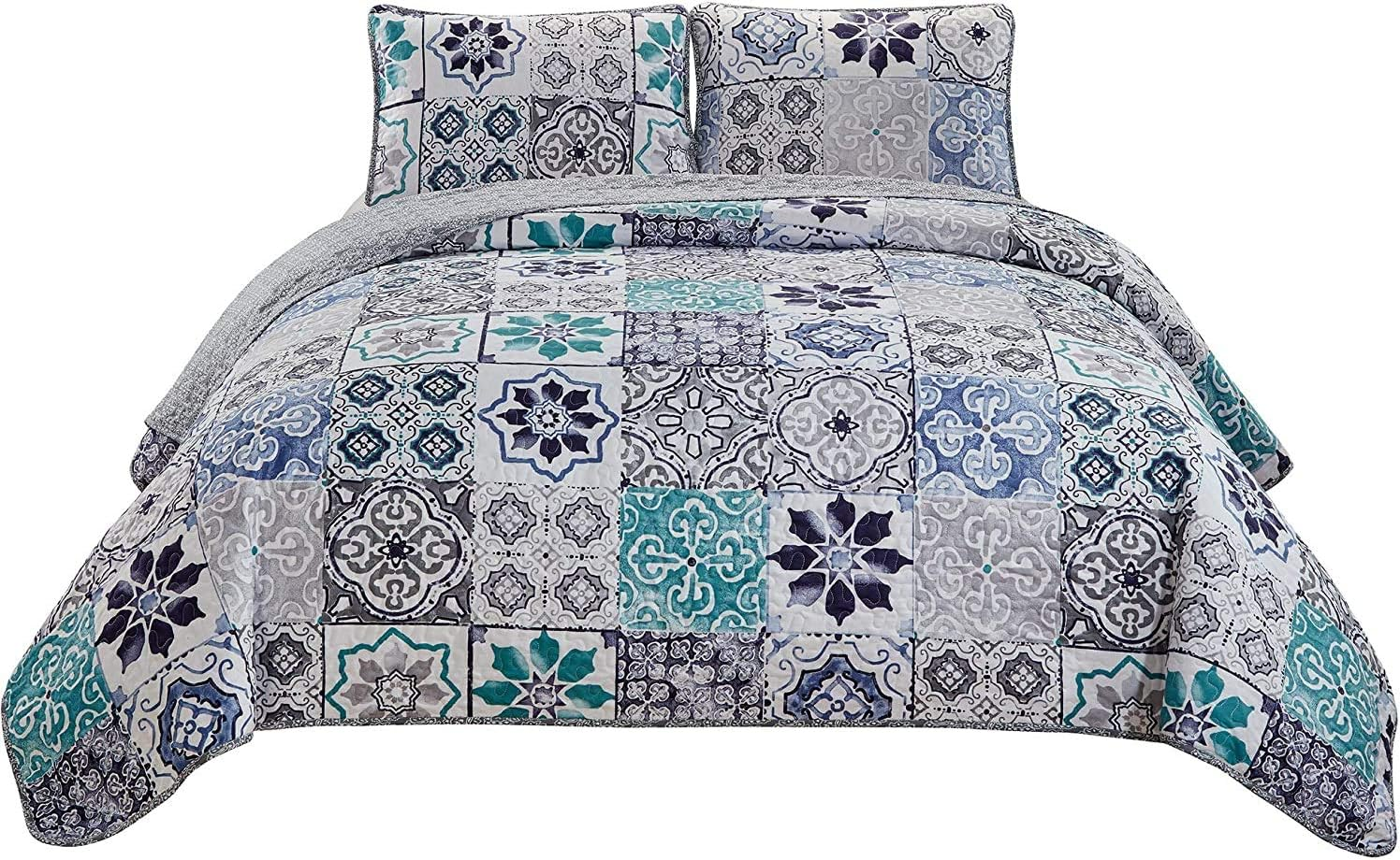 Mk Home 3Pc Oversized Quilted Bedspread Coverlet Set Floral Pattern White Grey Blue New, Full/Queen image number 1