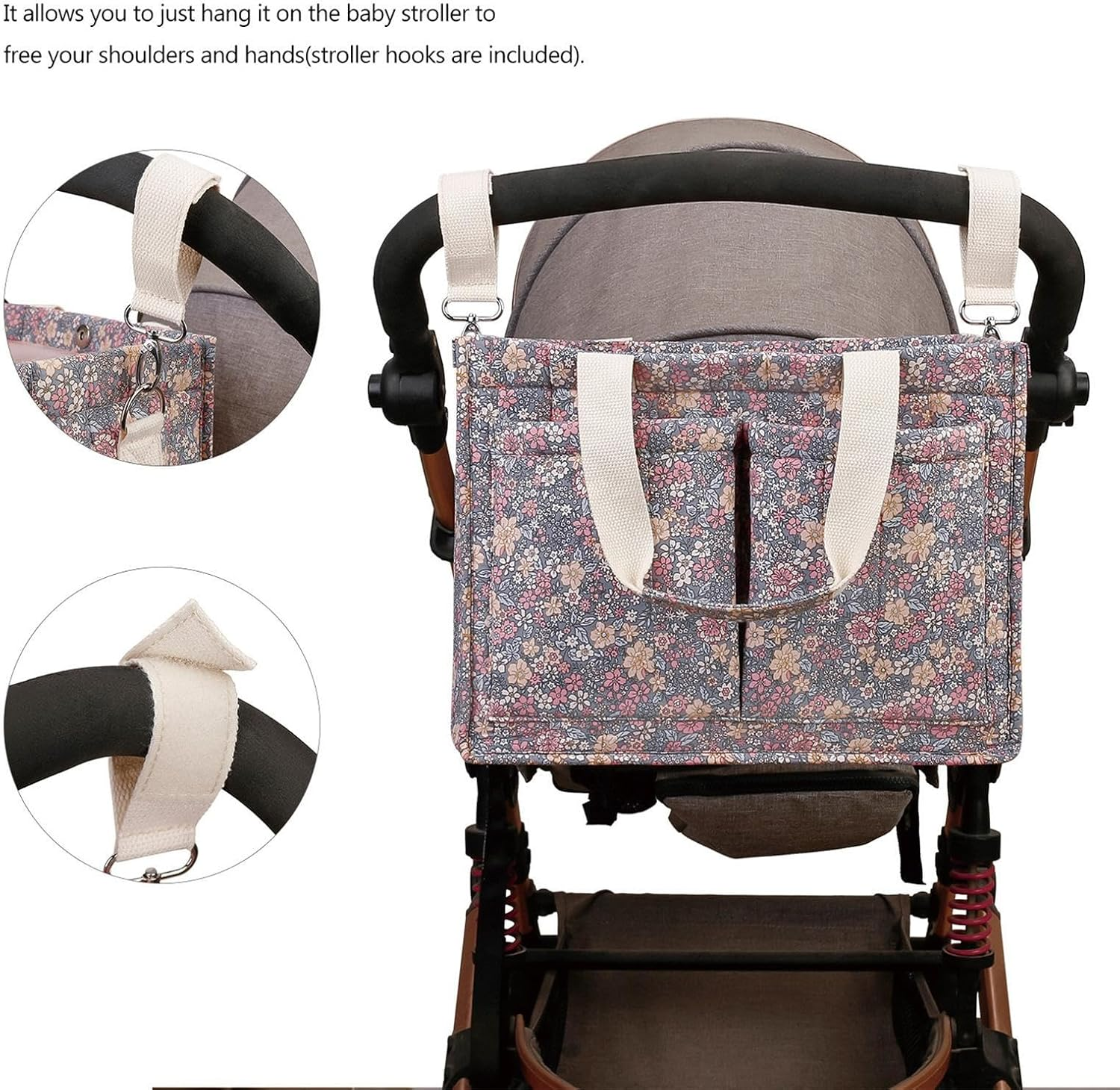 Lightweight Stroller Tote Diaper Bag - Small Diaper Organizer | Portable Baby Caddy with Classic Floral Pattern, Travel Diapers Bag for Moms with Space for Diapers Wipes Toys Bottles Outdoor Trips image number 1