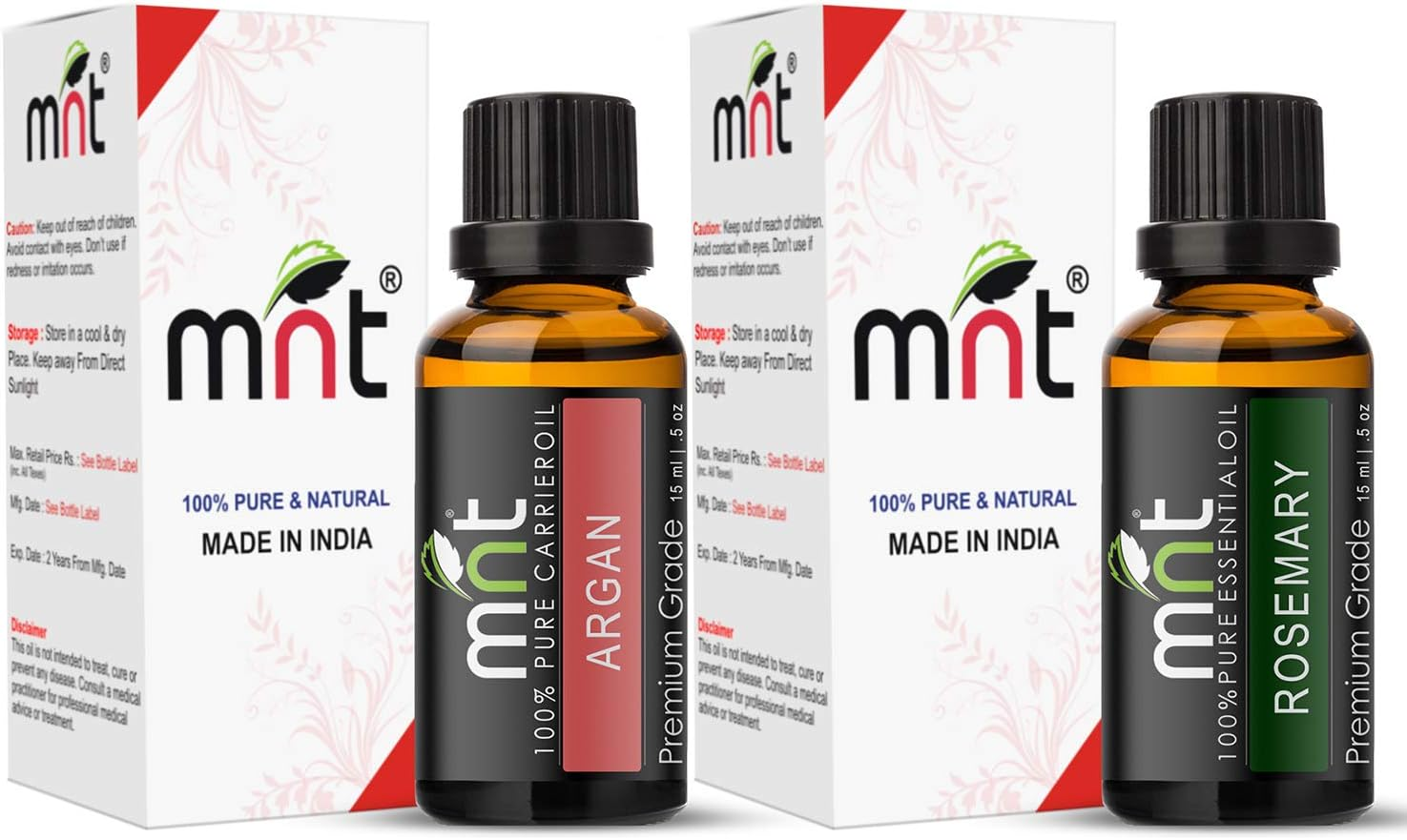 MNT Combo Set of Argan Cold Pressed Carrier Oil and Rosemary Essential Oil (Each 15ML) Ideal for Use in Hair Loss, Promotes Hair & Beard Growth, Moisturizes Skin, Health Benefit, Massage image number 1