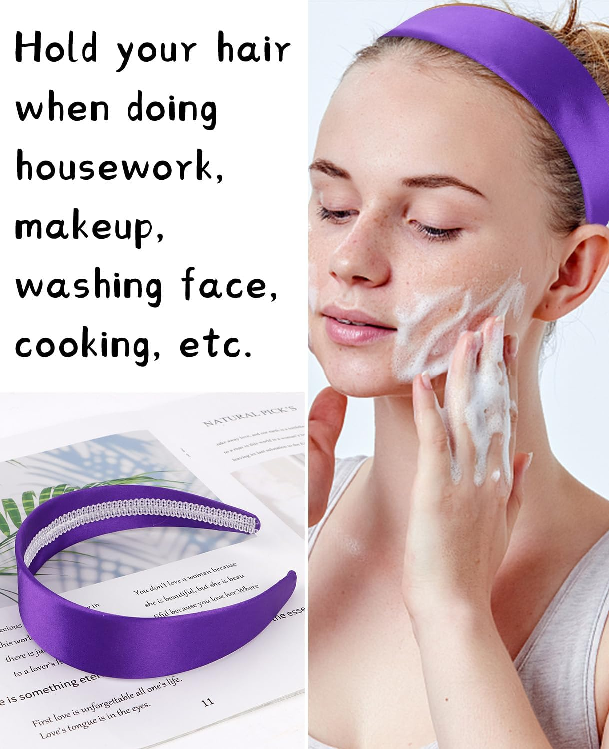 Wecoe Dark Purple Headband 1.6 Inch Wide Silk Satin Headband Women Non Slip Fashion Plain Head Band Solid Hair Band DIY Holiday Hair Accessories for Women Girls Diademas Para Mujer Gifts