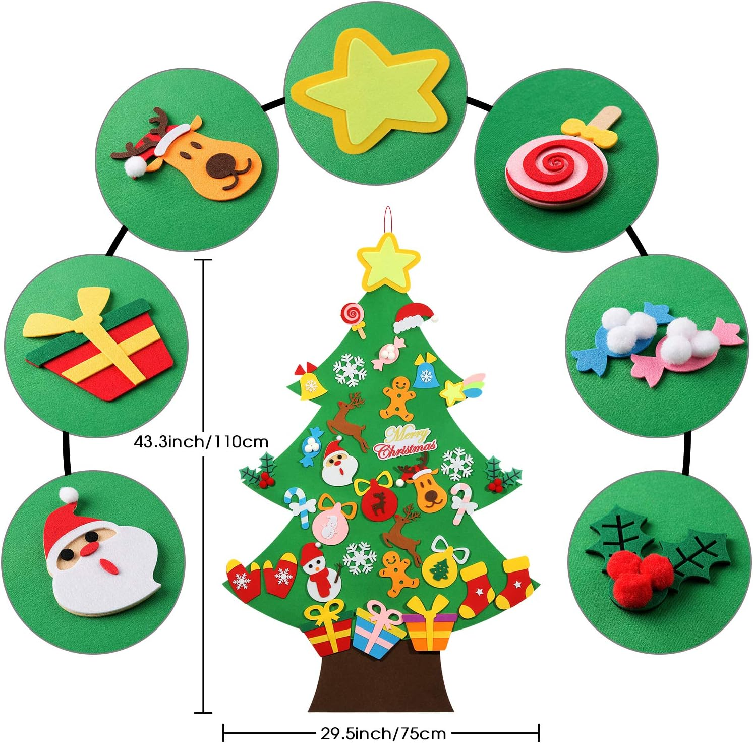 Hutikla Felt Christmas Tree - 3.6 FT 3D DIY Set for Kids with 33 Pieces of Ornament Decor, Wall Hanging Christmas Tree Decorations