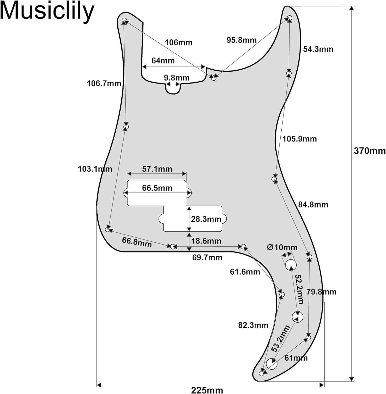 Musiclily Pro 13-Hole Modern Style P Bass Pickguard for 4 String American Precision Bass, 1Ply Black - 3Ply Aged White image number 5