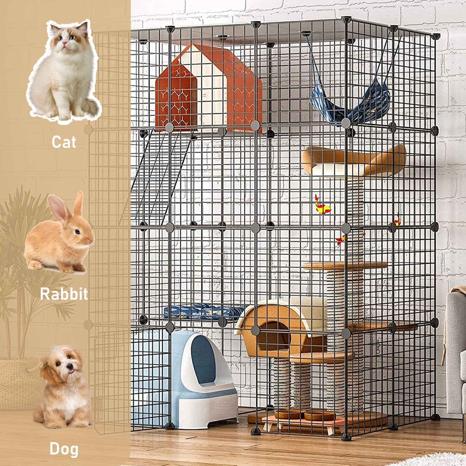 Uandhome 4 Tier 111Cm Cat Cage Large Enclosures with Hammock Detachable Metal Wire Crate Kennels Indoor/Outdoor Small Animal House Fence for 1-4 Cats,Diy Pet Crate Playpen(3 Columns and 2 Rows) (1) image number 2