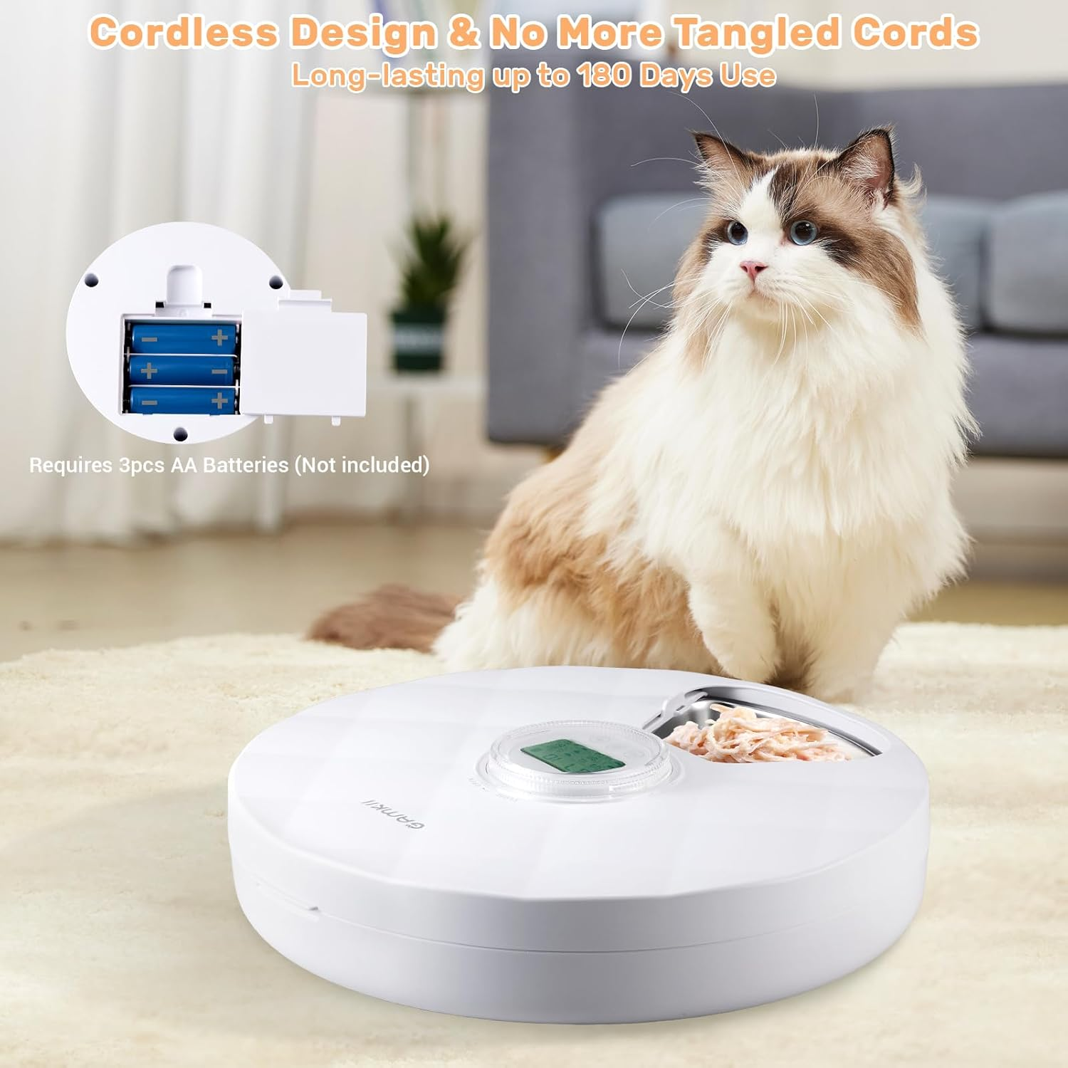 GAMKII Automatic Cat Wet Food Feeder 6 Meals, Battery Power Auto Pet Wet Food Dispenser with Timer, Memory Function for Cats Small Dogs-First Meal with Cover (Stainless Steel Food Tray) image number 6