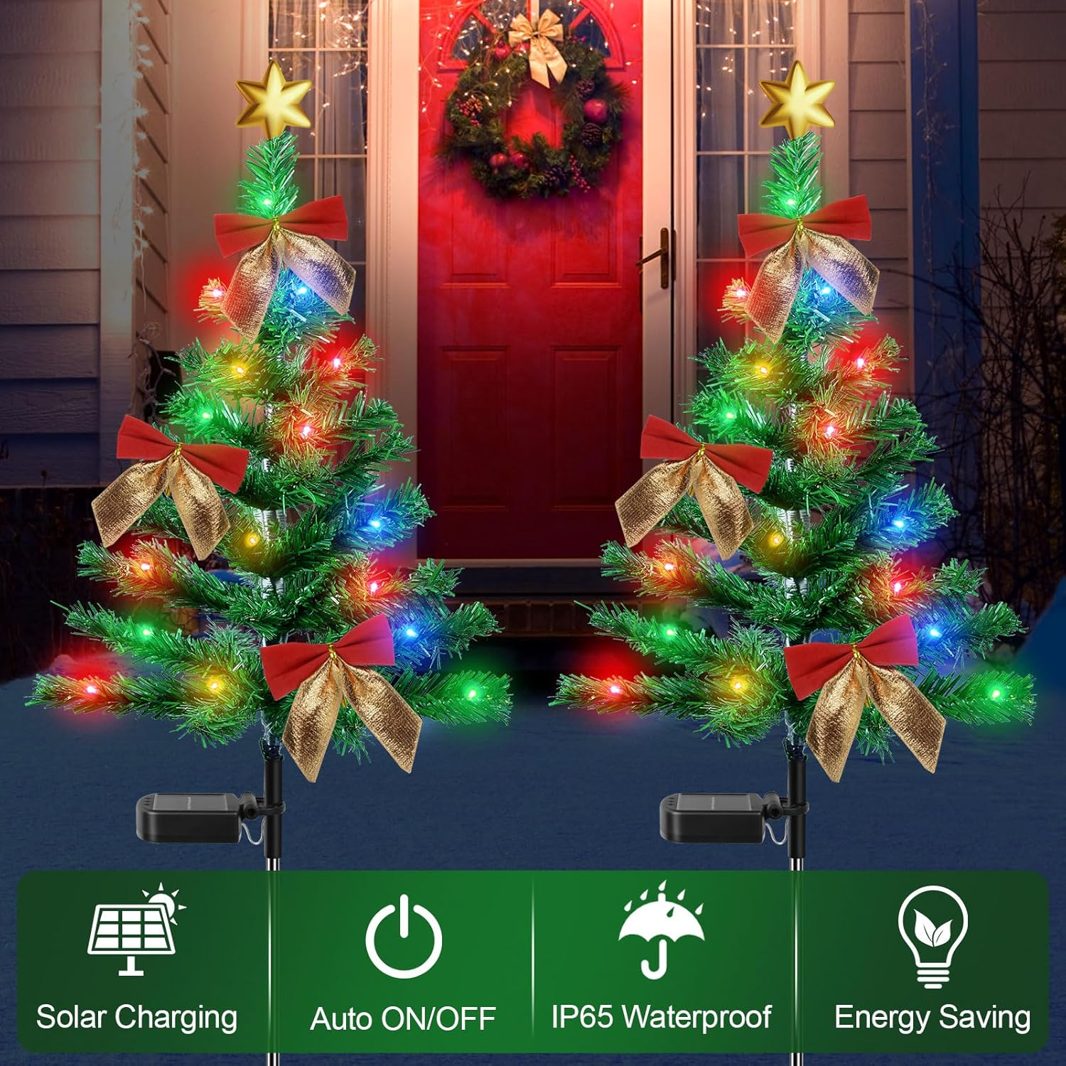 Ninonly 2 Pack Solar Christmas Tree Light, 85CM Solar Powered Outdoor Christmas Tree Garden Lights with 30 Leds Bows Stars Ornaments, Waterproof Solar Xmas Tree Stake for Yard Pathway Walkway image number 4