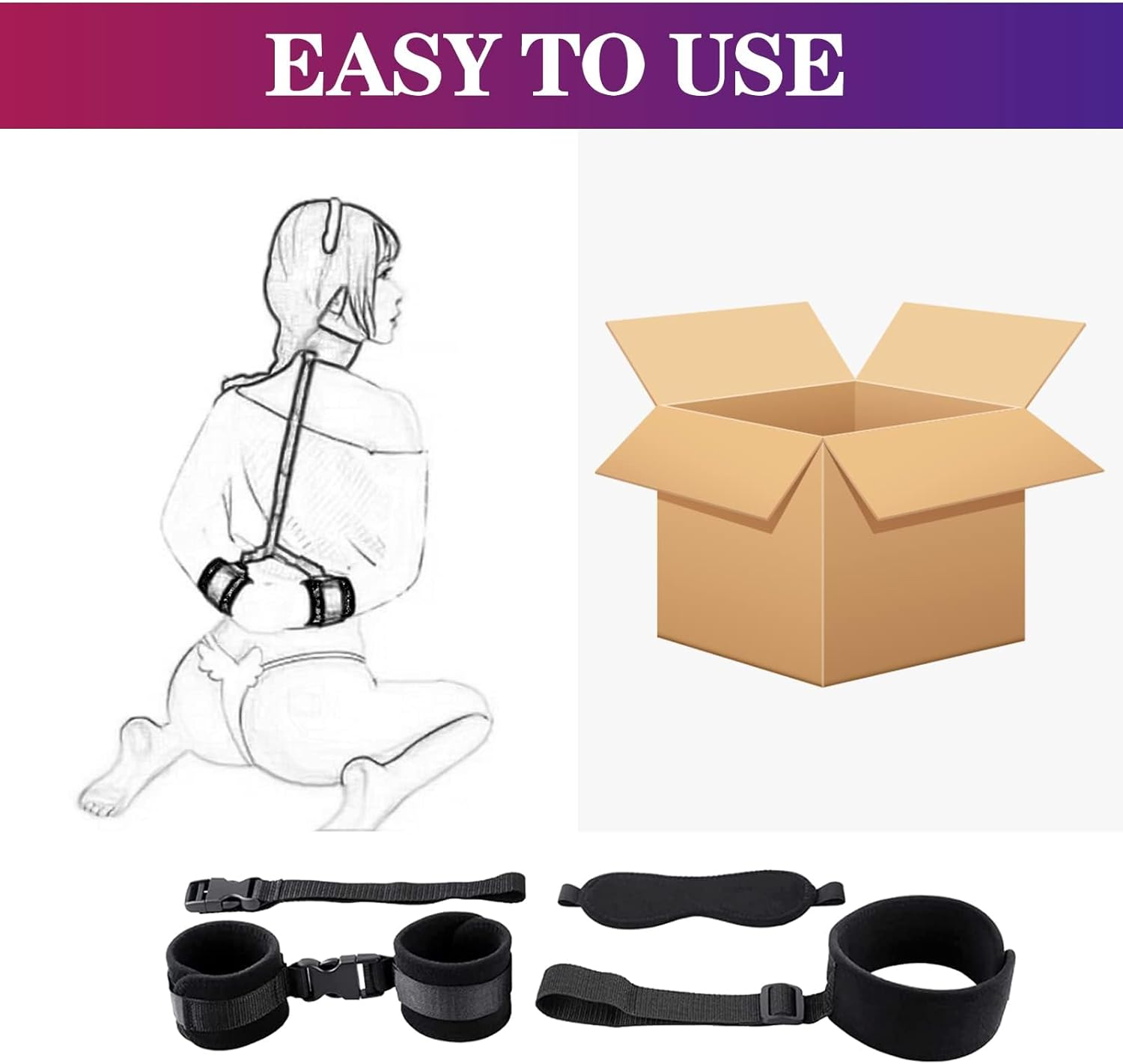 BDSM Sex Toys Set - Neck to Wrist Bondage Restraints - Adult behind Back Beginner Handcuffs Collar with Blindfold Adjustable Bondage Gear & Accessories, Handcuff for Bed SM Games Play Sex Toy for Couples image number 2