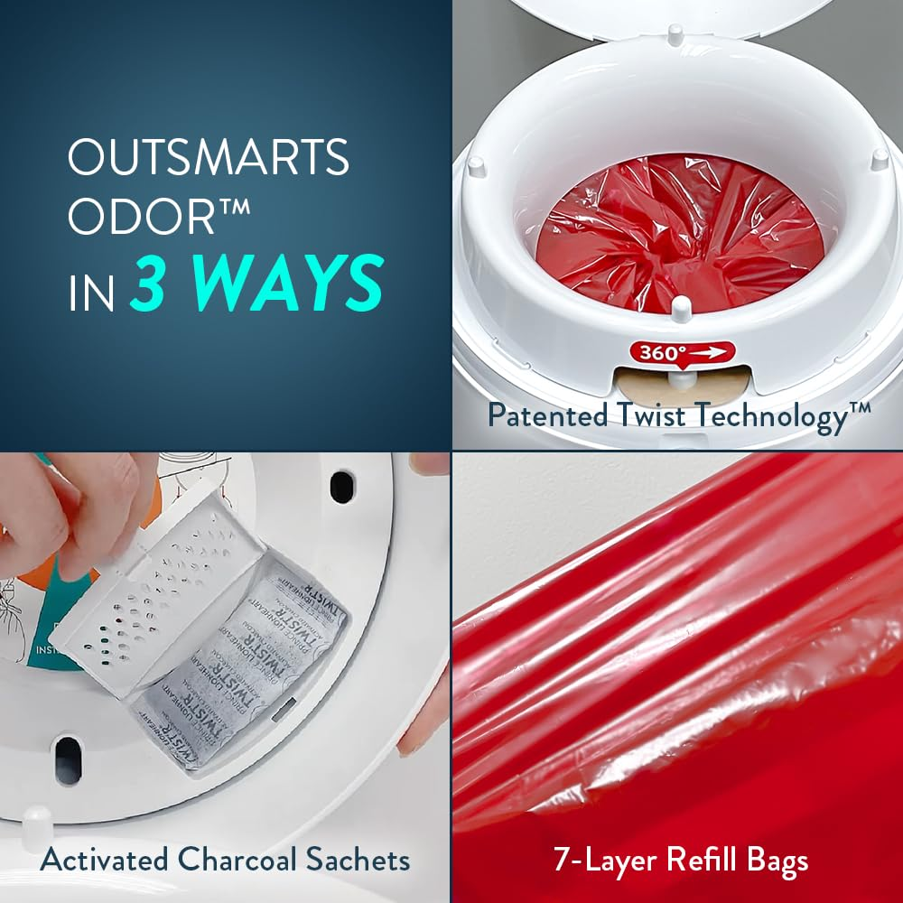 Nappy Bin Patented Diaper Twist'R Bin, Prince Lionheart Nappy Disposable Odor Free, Baby Registry Gift Nursery Essentials, with 2 Refill Bags & 2 Charcoal Sachets