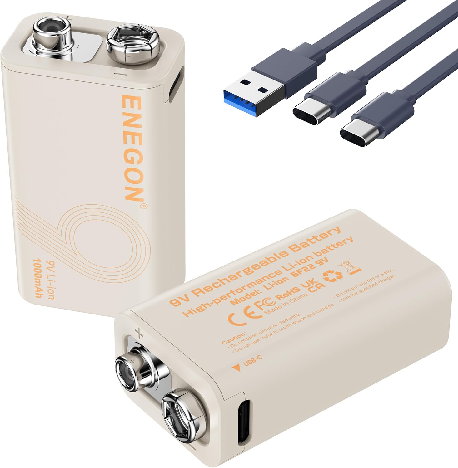 ENEGON 9V 2Pack Rechargeable Lithium Battery 3.7Wh/1000Mah Type-C Fast Charging, 9V/0.6A Stable Output, Compatible with Multimeter/Wireless Microphone/Smoke Detector and More - 6F22 image number 1