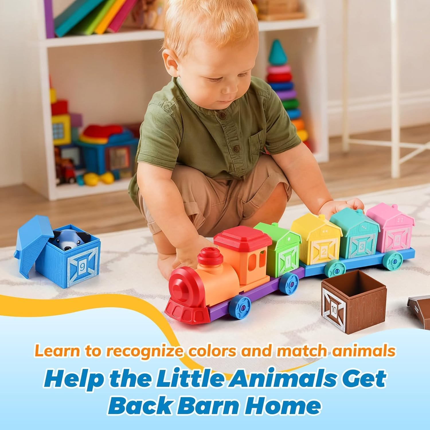 Montessori Farm Animal Learning Toys for Toddlers 1-3, Counting, Matching & Sorting Montessori Learning Farm Train,Color Sorting, Matching Game, (Upgraded Version)