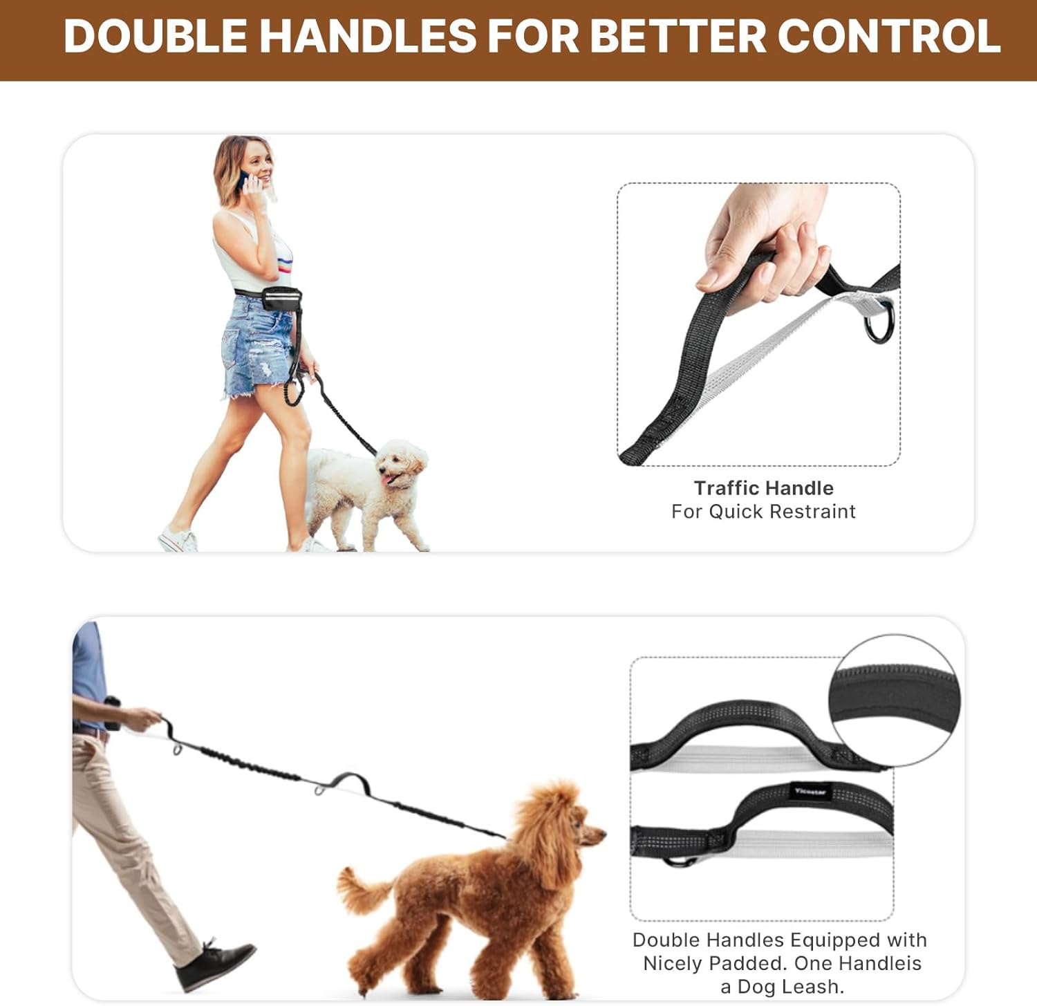 Hands Free Dog Leash with Zipper Pouch, Dog Running Leash with Adjustable Waist Belt, Double Padded Handles, Safety Harness Buckle, Reflective Retractable Bungee for Medium & Large Dogs