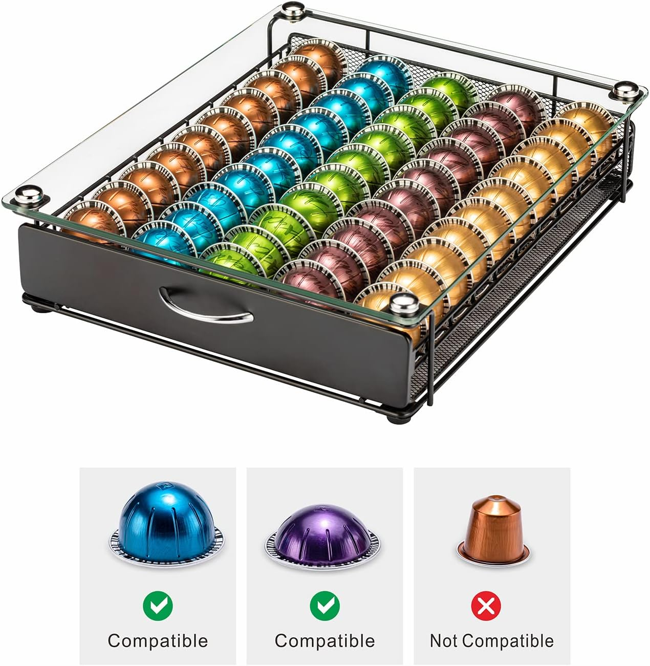 Rice Rat Coffee Vertuo Capsule Holder Drawer for Nespresso with Glass for Cabinet Vertuoline Pod Storage Rack for Counter (Class-50 Pods（With Handle）) image number 4