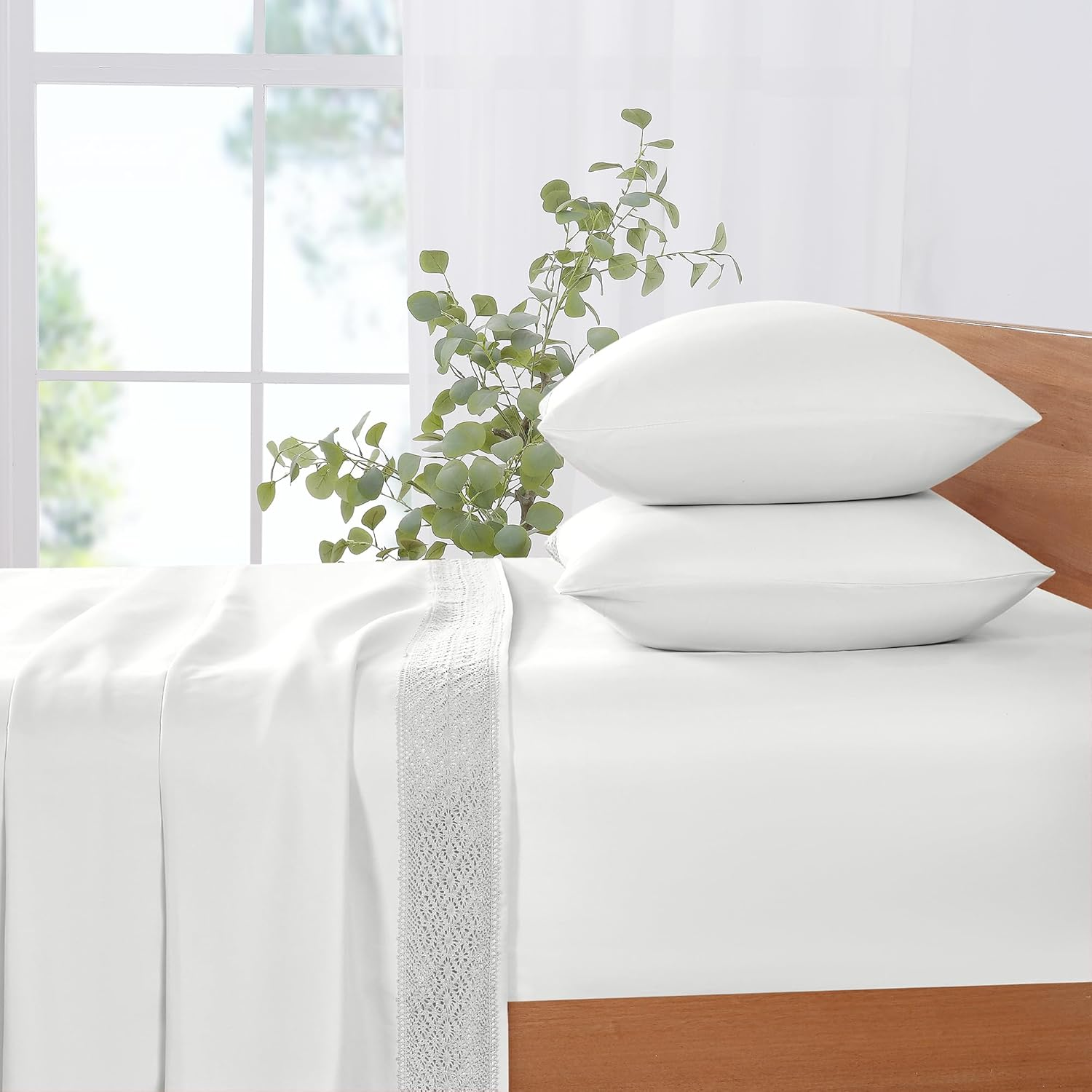 Modern Threads Soft Microfiber Crochet Lace Sheets - Luxurious Microfiber Bed Sheets - Includes Flat Sheet, Fitted Sheet with Deep Pockets, & Pillowcases White Queen