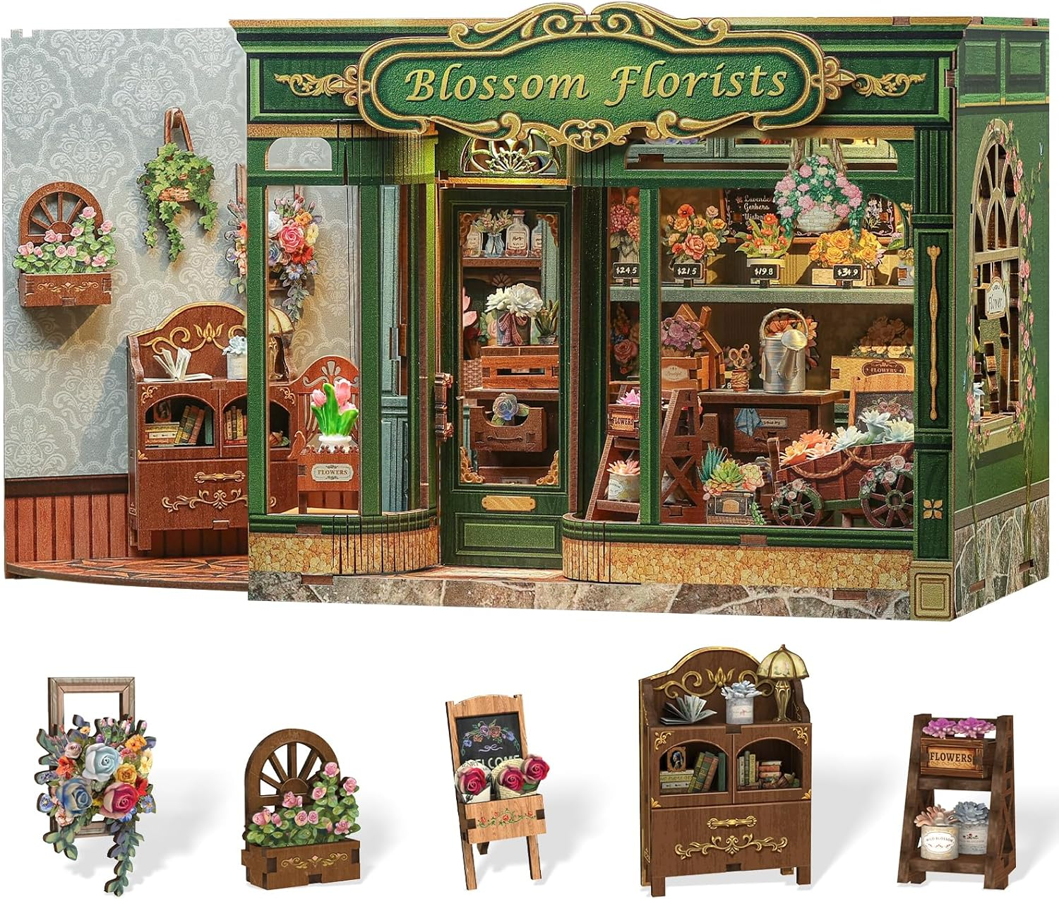 CUTEBEE Book Nook Kit - DIY Miniature House Dollhouse Kit for Adults and Teens, 3D Wooden Puzzle Tiny House Bookshelf Decor with LED Light for Family, Friends (Blossom Florists) image number 4