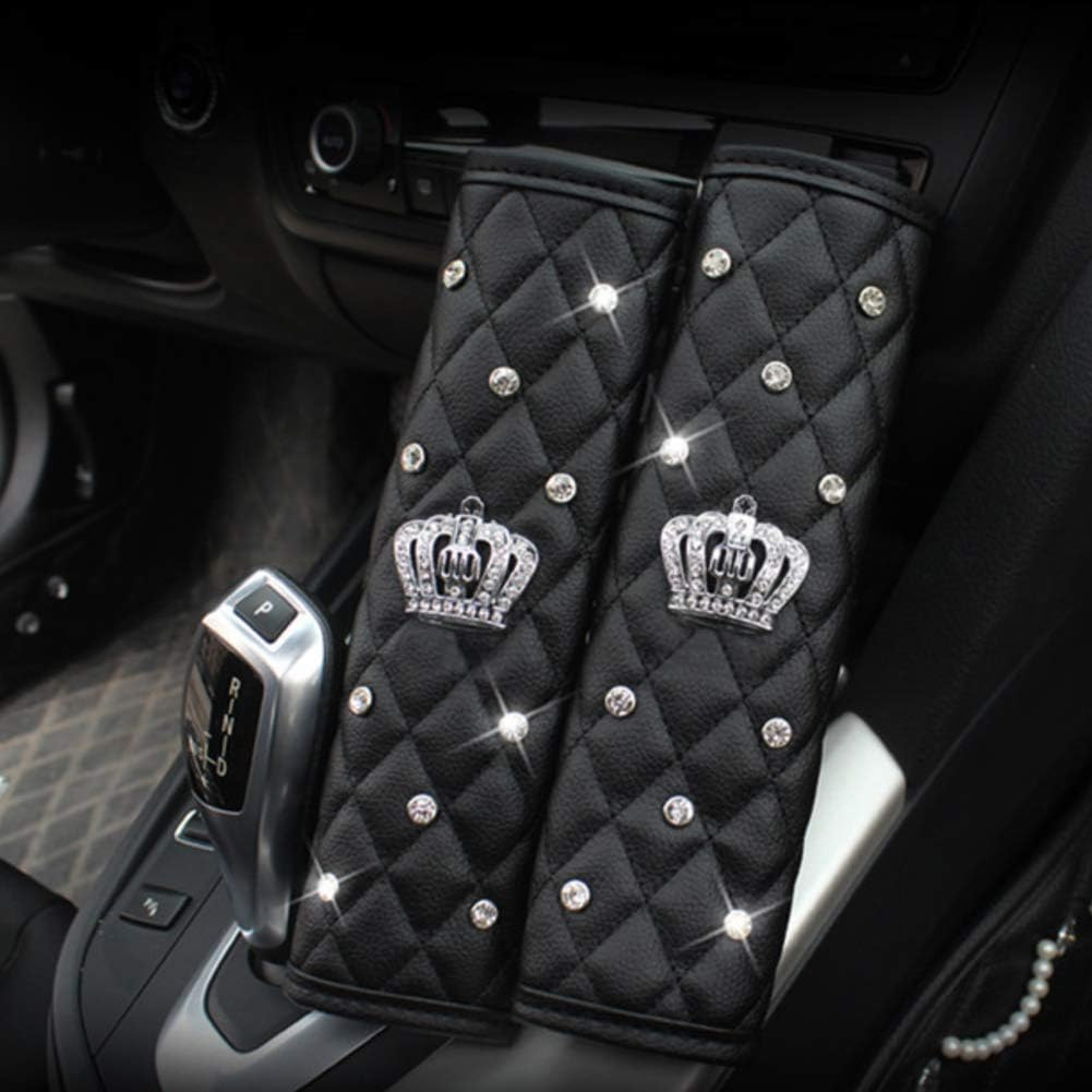 Leather Car Seat Belt Cover Shoulder Seatbelt Pad Handbrake Cover Gear Shift Cover with Bling Rhinestones Crown Car Accessories(4 Pcs) image number 4
