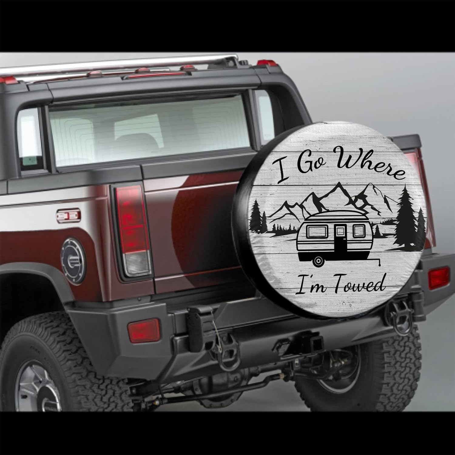 I Go Where I'M Towed Spare Tire Cover Waterproof Dust-Proof Universal 14 Inch Wheel Protectors Camper Spare Tire Cover Fit for RV Trailer Truck Jeep SUV Rav4 Motorhome Travel Trailer Accessories image number 1