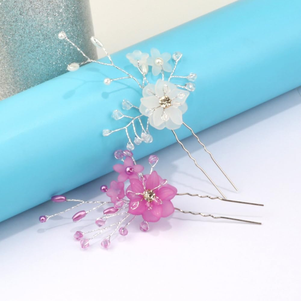 2X Bridal Wedding Flower Clips Hair Pins Bridesmaid Crystal Hair Pearls Accessories Purple - Blue X2 image number 6