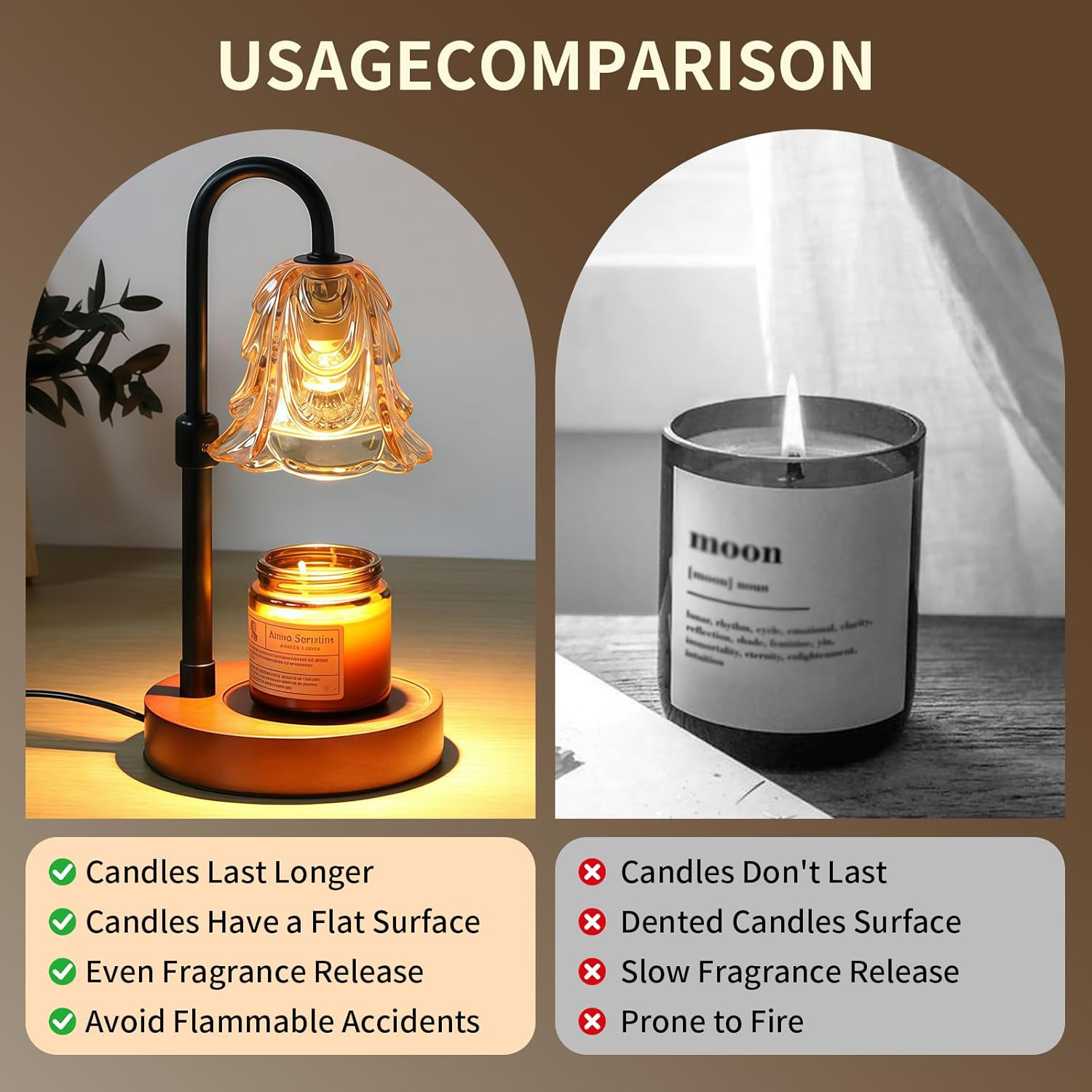 Candle Warmer Lamp with Timer and Dimmer, Adjustable Height Vintage Wax Warmer - Halogen Bulb, Retro Wood Base & Glass Shade, Elegant Table Lamp for Home Bedroom Office Decor