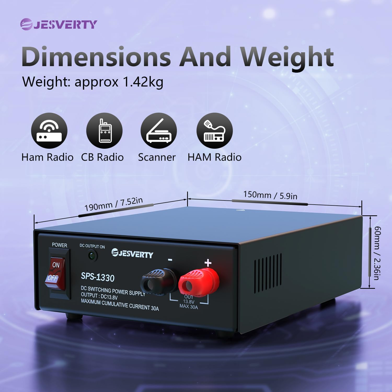 Universal Compact Bench Power Supply- 30 Amp Regulated Home Lab Benchtop Ac-To-Dc Converter 13.8 Volt, Cooling Fan, Screw Type Terminals - Jesverty SPS-1330 image number 1