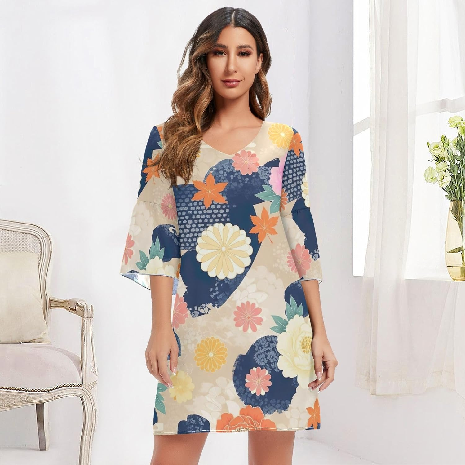 Japanese Florals Peonies V Neck Line Dress Printed Line Maternity Dress image number 5