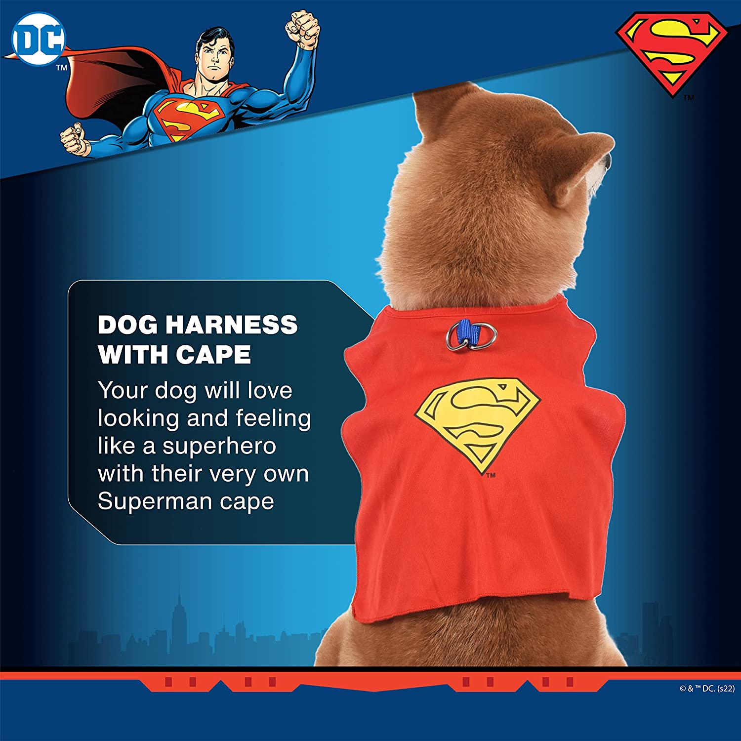 DC Comics for Pets Superman Dog Harness | No Pull Costume with Cape | Superhero Apparel & Accessories for Small Dogs, Size S