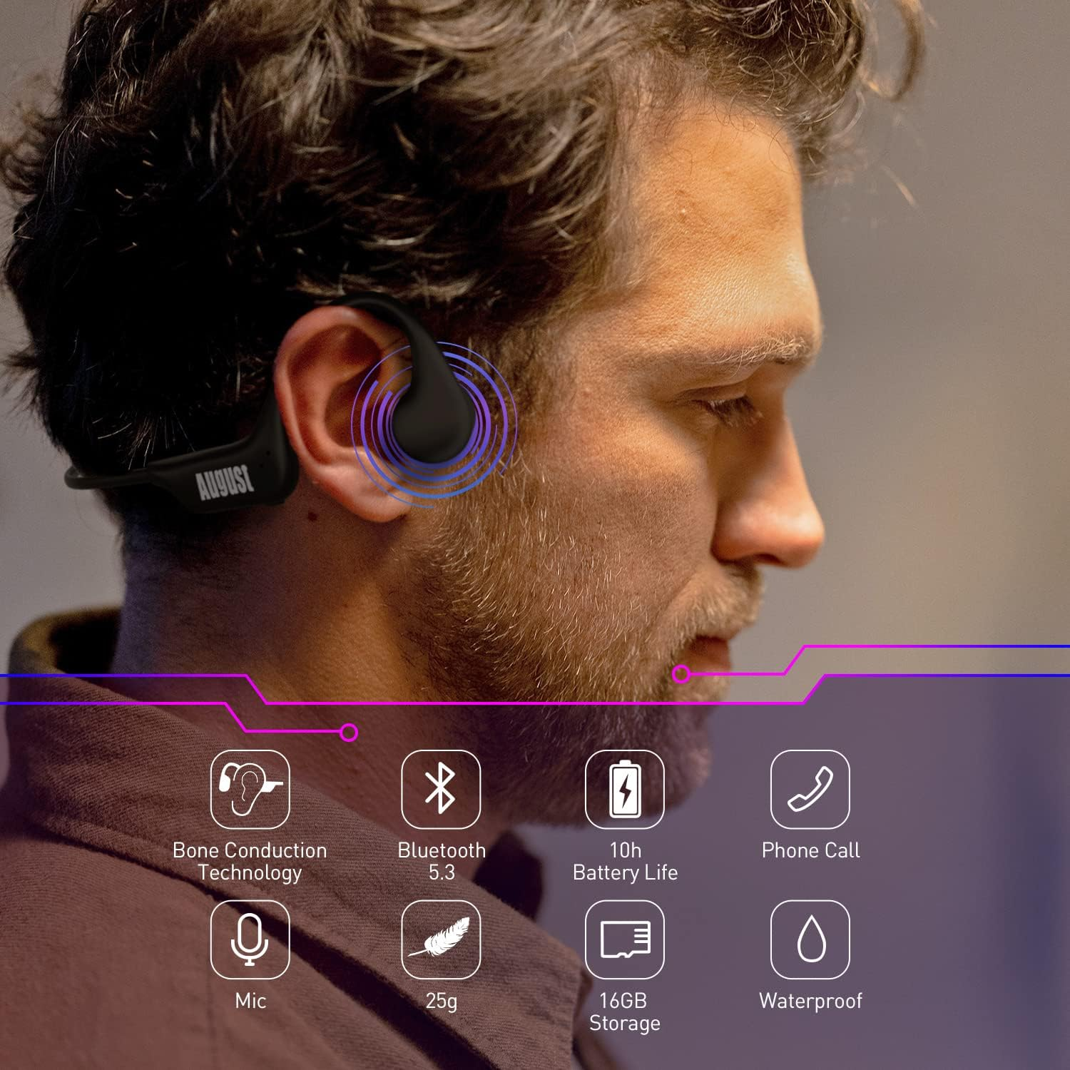 August EP400 Bone Conduction Headphones Bluetooth 5.3 Open Ear Headphones with Microphone and MP3 16GB Player, Lightweight Wireless & Waterproof IP68 for Sport, Running Cycling Hiking Crossfit