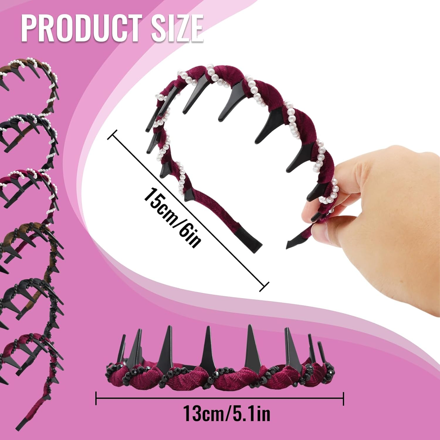 Vintage High Cranium Zigzag Headband Women'S 2025 New, Pack of 6 Vintage Pearl Black Diamond Headband Amen Elegant High Double-Sided Design Headband for Girls and Women image number 2