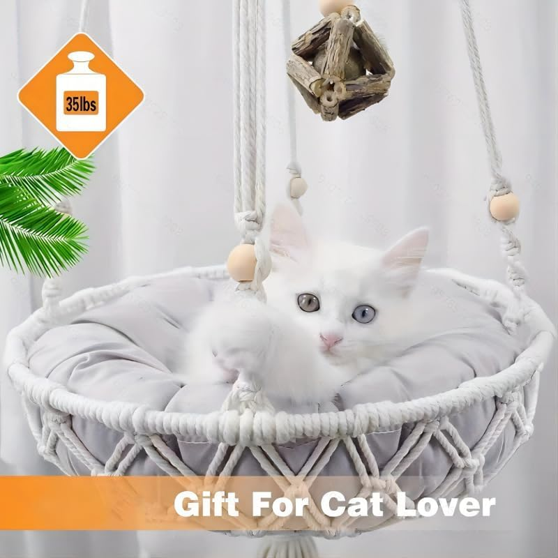 Cat Hammock, Bed Basket Swinging Pet House Nest for Small Dog Cat, Boho Hammocks, Space Saving Furniture Perches and Shelves for Wall image number 5