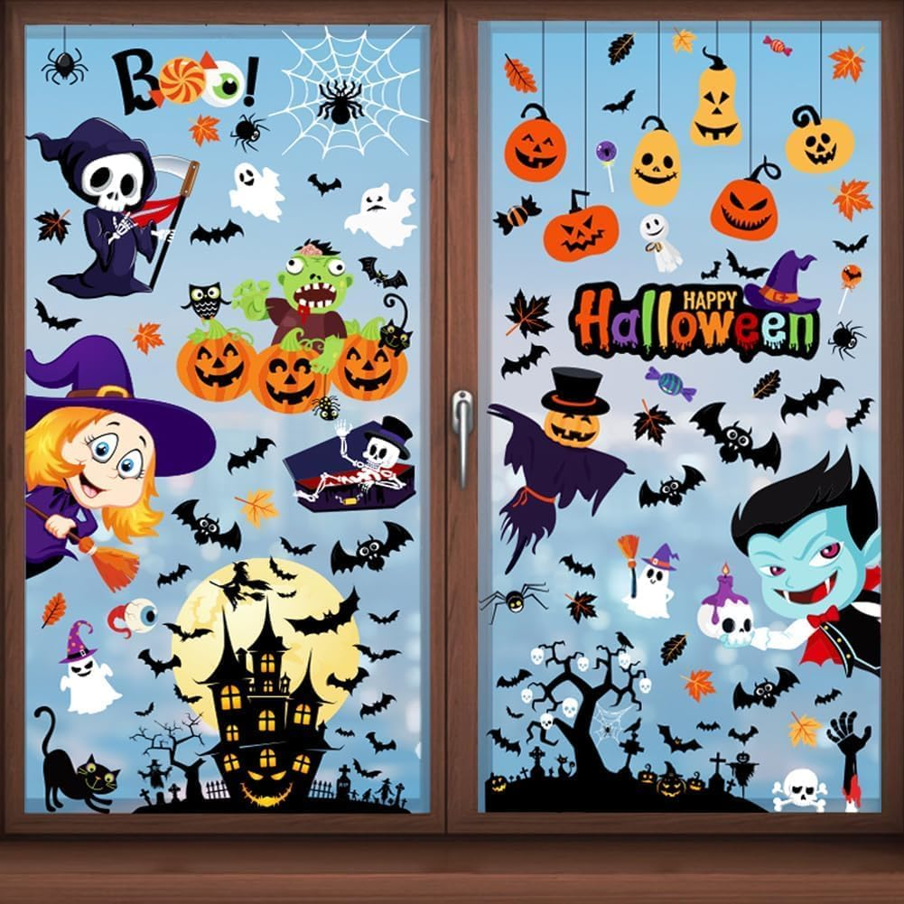 9 Sheets Halloween Window Clings, Scary Halloween Window Stickers, Removable Double Sided Halloween Window Decals for Glass Windows, Halloween Window Decorations Home Decor Halloween (C)