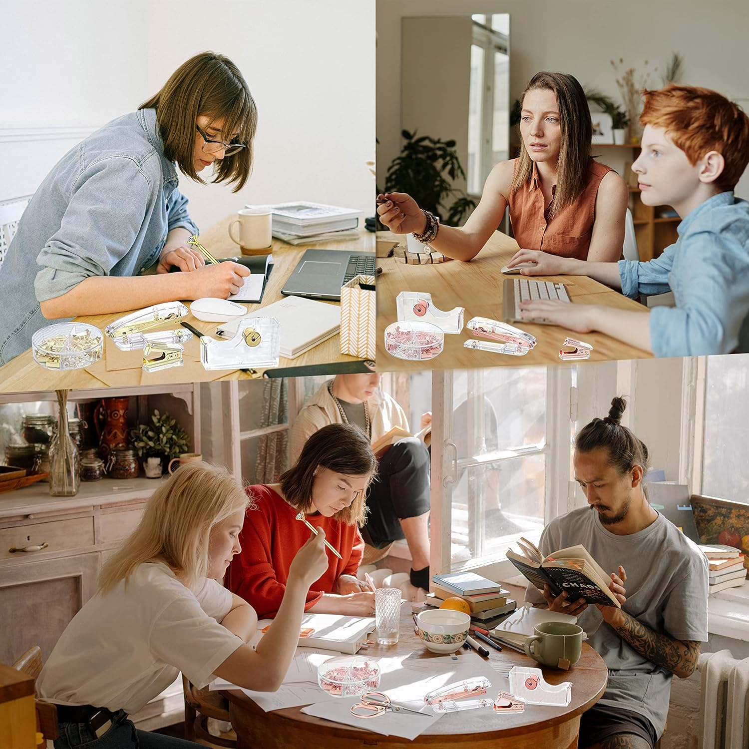 Famassi Rose Gold Office Supplies and Accessories, Acrylic Stapler, Staple Remover, Tape Holder, Pen Ballpoint Pen, Scissor, Binder Clips, Staples, Phone Ruler, Transparent Glue 300 Notes - Silver image number 4