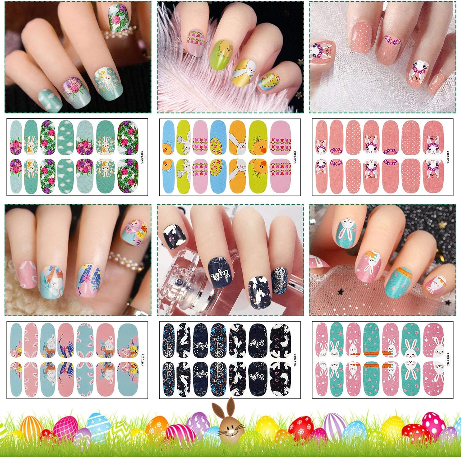Easter Full Wraps Nail Art Stickers, Kalolary 12 Sheet Easter Self-Adhesive DIY Nail Art Decals Strips Eggs Rabbits Adhesive Nail Decals Manicure Set with Nail File for Women Girls image number 4