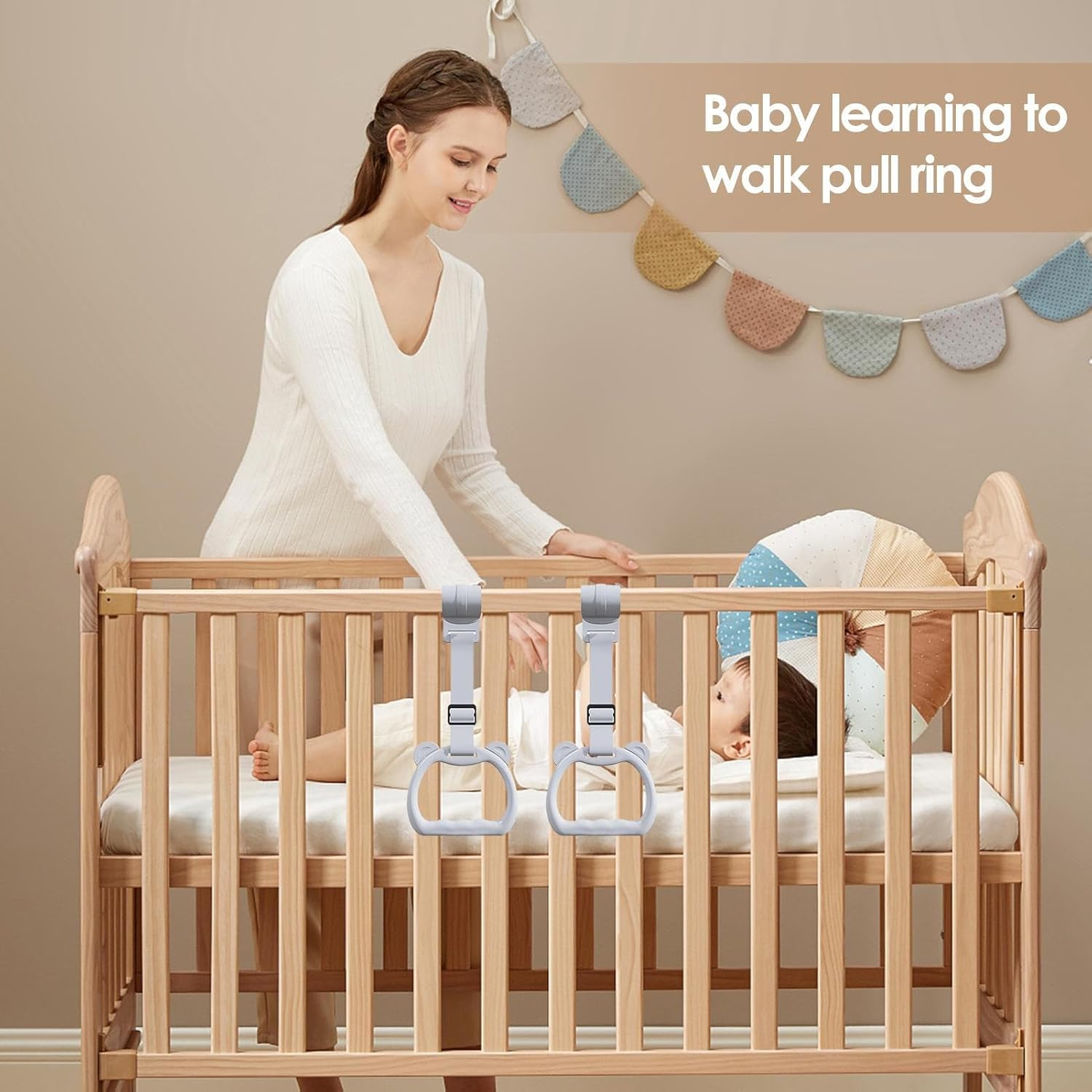 Baby Pull up Rings | Cot Hangable Rings - Training Tool Cot Accessories Toy Strap for Walking Practice Exercise Boys, Daycare Yard Play - Grey image number 3
