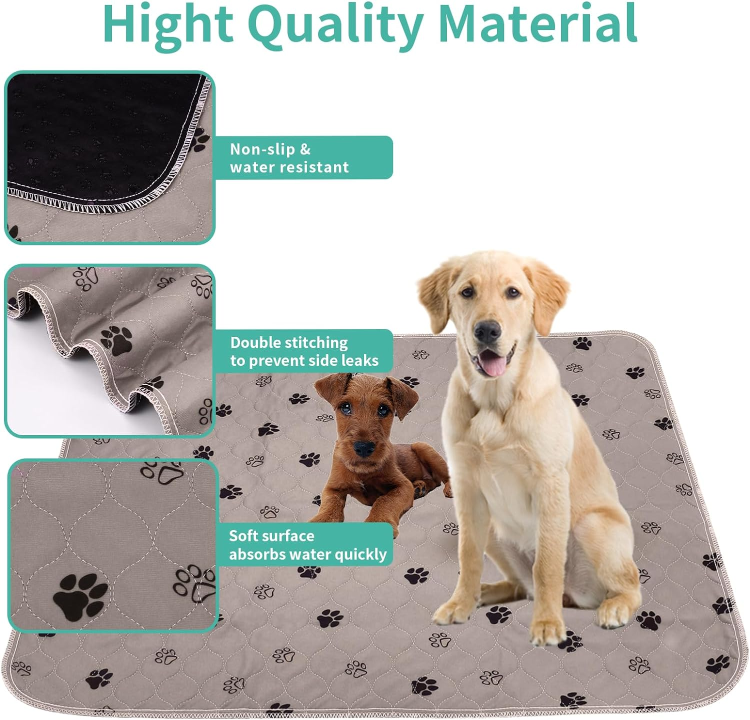 Pack of 2 90 X 120 Cm Puppy Pads Washable, Reusable Training Pads for Dogs, Non-Slip and Absorbent PIPI Pads for Guinea Pigs, Dogs, Cats and Rabbits, Dog Paw Pattern image number 2