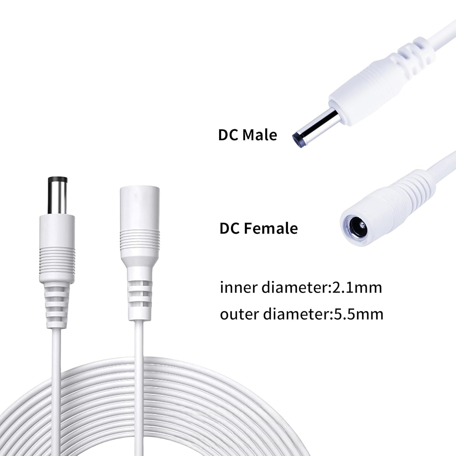 Clearhill 5M 2Pcs DC Power Extension Cable,5.5Mm X 2.1Mm Female to Male Power Cord for LED Strip Light,Security Camera Dvr,Router, 5V 6V 9V 12V 24V DC Power Supply Adapter and More(White) image number 5