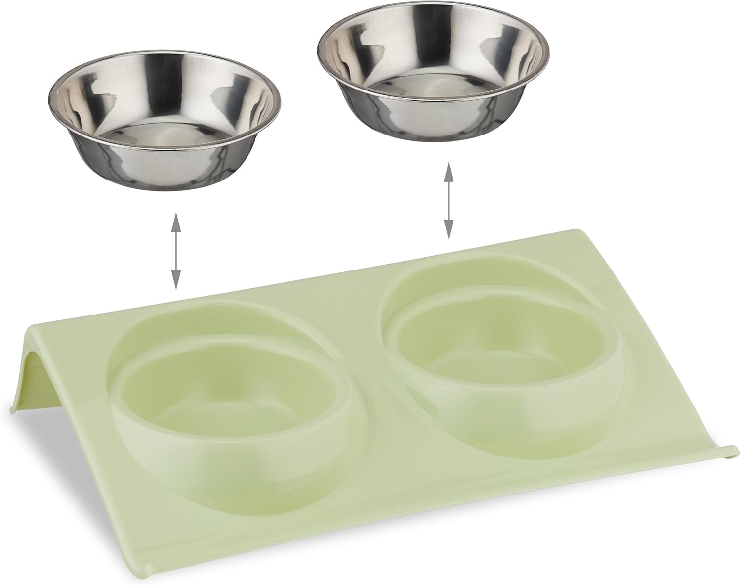 Relaxdays Double Bowl, 2 Feeding Bowls, 150 Ml, Cat Feeding Bowl Set, Raised Water Bowl, H X W X D 6.5 X 29 X 19 Cm, Green/Silver image number 2