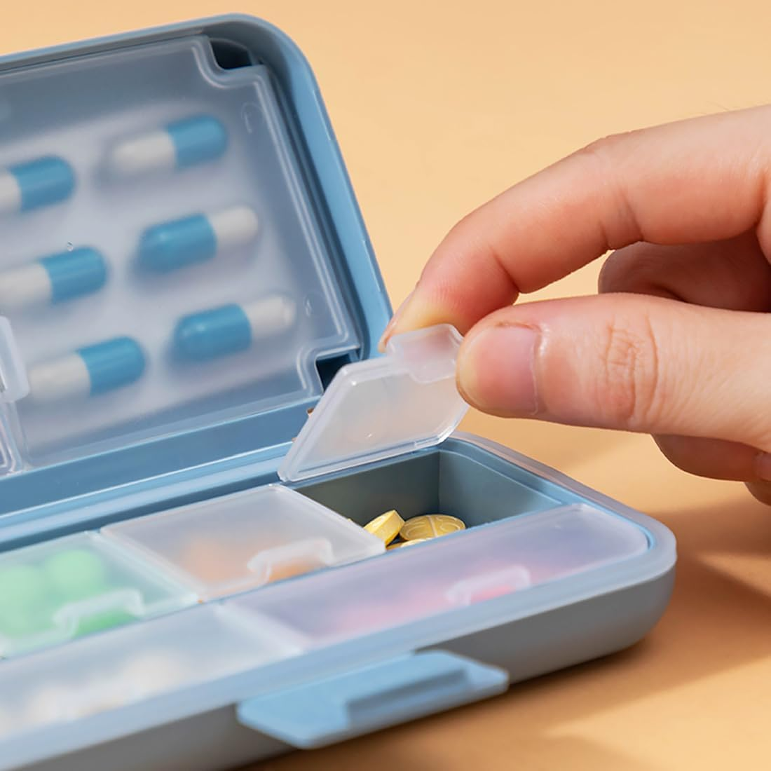 Daily Pill Organizer, BPA Free 8 Compartments Portable Travel Pill Case Foldable Pill Box for Medication, Vitamin, Fish Oil and Supplements, Blue image number 1