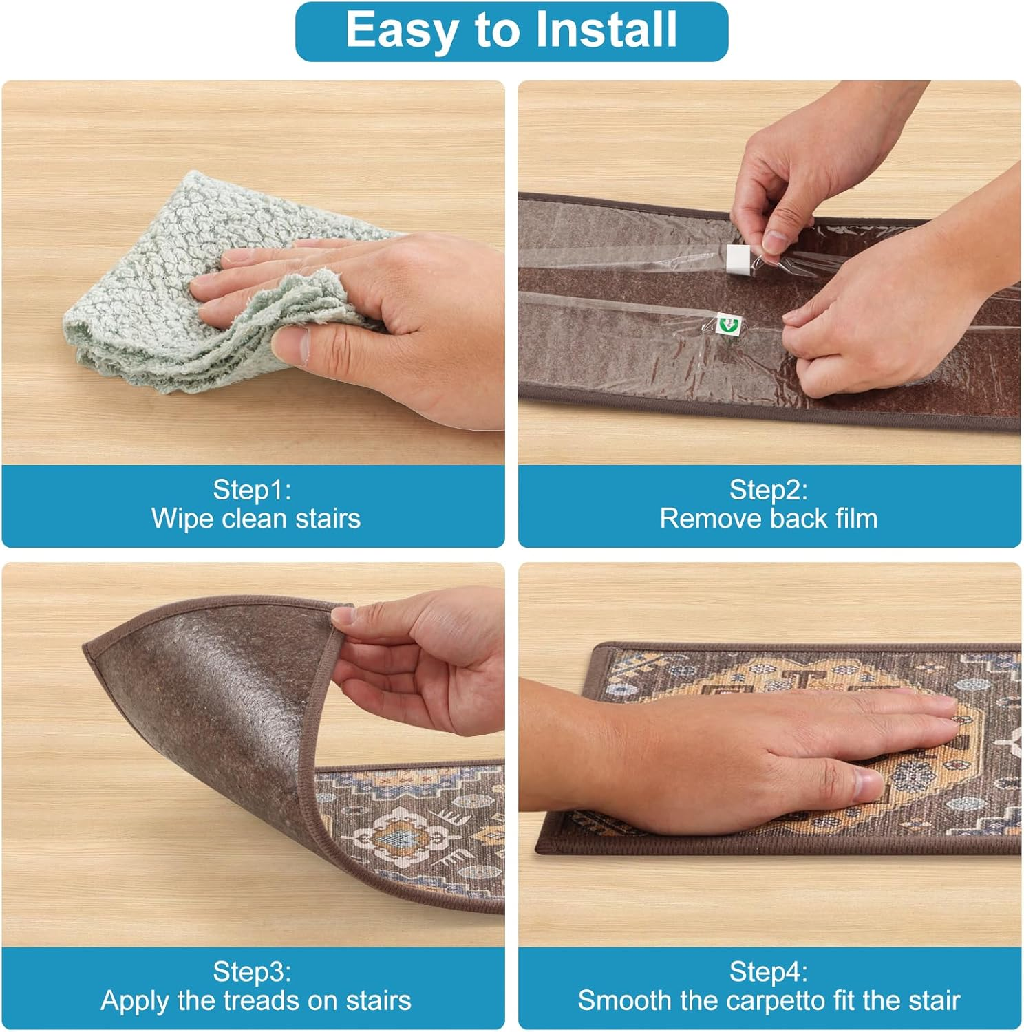 Non-Slip Carpet Stair Treads for Wooden Steps Indoor Set of 15 Pack 8" X 30" Peel and Stick Reusable Staircase Stair Runners Rugs, Soft Safety for Dogs, Kids & Elders, Stairway Grip, Brown image number 1