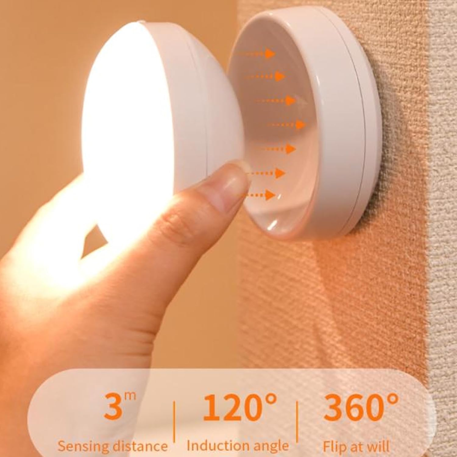 LED Motion Sensor Night Light, Rechargeable LED Night Lights, LED Induction Lamp with Double Sided Tape, 360 Degree Rotating, for Stair Closet Hallway Bedroom (Warm Light) image number 4