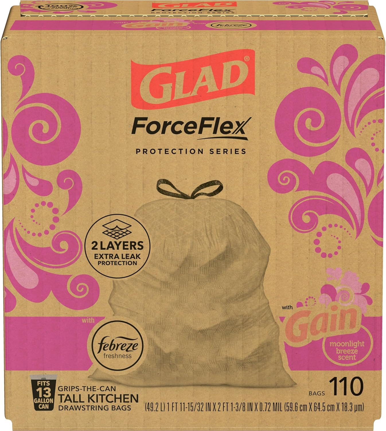 Glad Forceflex Protection Series Tall Trash Bags, 13 Gal, Gain Moonlight Breeze with Febreze, 110 Ct (Package May Vary) image number 1