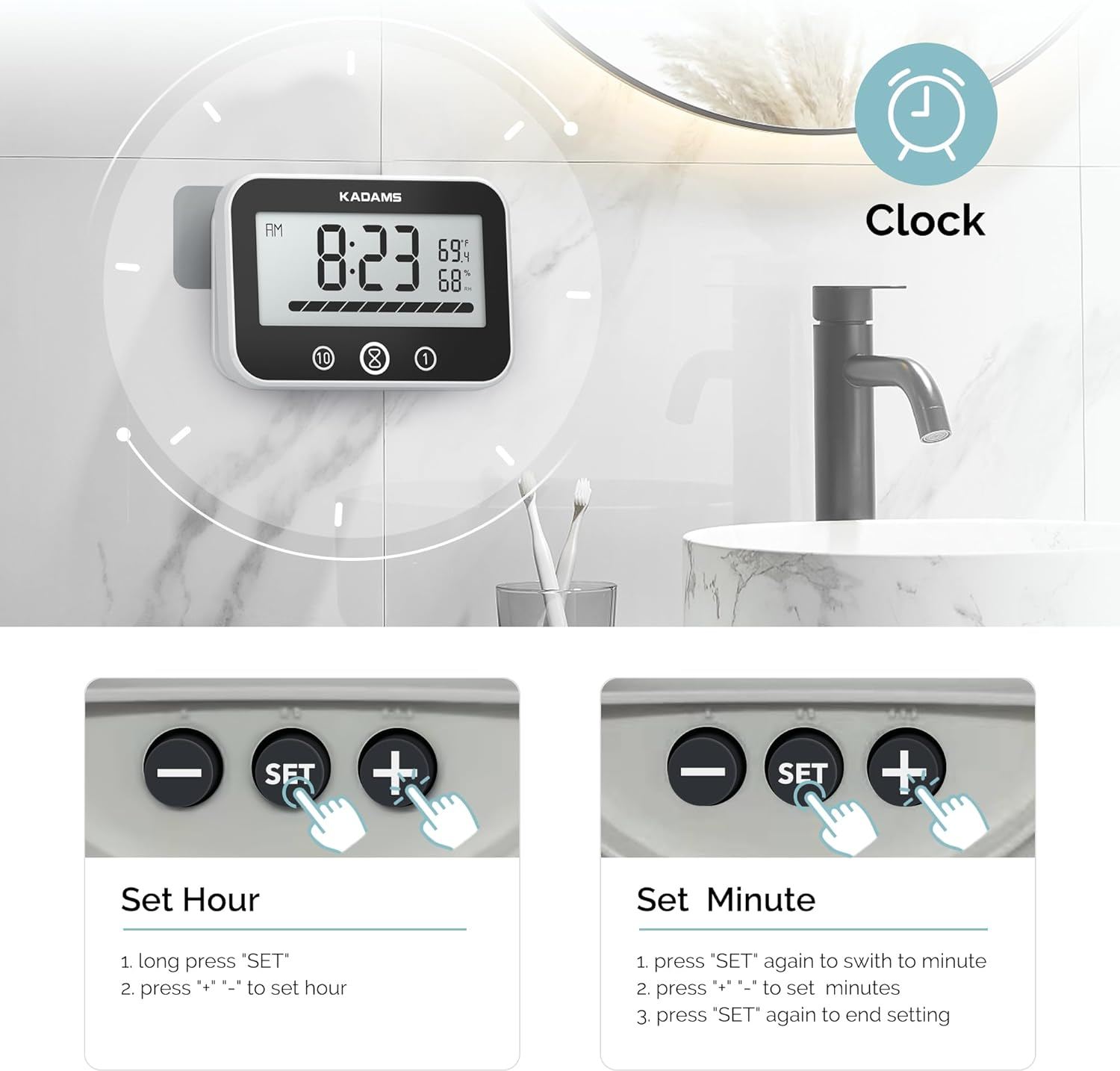 KADAMS Timer Digital Kitchen Timer Clock for Cooking Classroom Kids Bathroom Shower Countdown Count up Productivity Timer, Waterproof with LCD Display Progress Bar Hanging Suction Cup (Black) image number 6