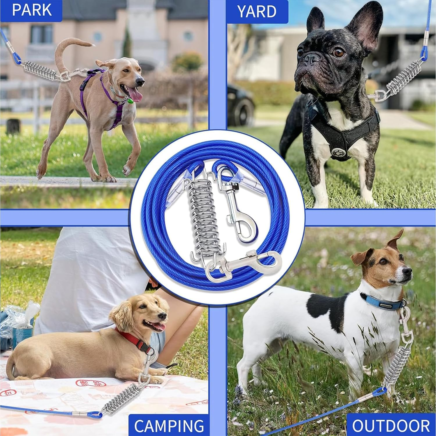 FUNNTY 300Cm Dog Tie Out Cable,Dog Leads for Yard Chew Proof Dog Runner Cable with Swivel Hook and Shock Spring,300Cm Camping and Training Leash for Small to Medium Pets up to 165 Lbs(3M-165Lbs） image number 4