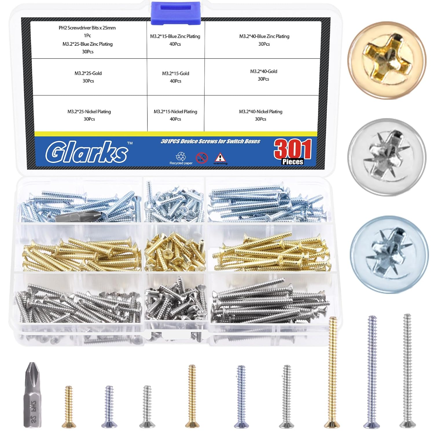 Glarks 301Pcs M3.2 X 15/25/40Mm Device Screws, 200Pcs 3 Colors Slotted Head Screws and 100Pcs Cross-Head Screw, Flat Head Phillips Machine Screw, Countersunk Screws with 1Pcs PH2 Bit image number 2