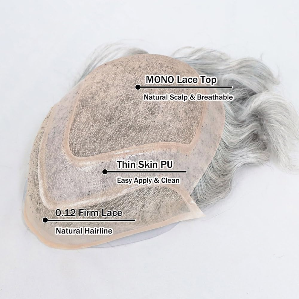 Replacement Toupee for Men Mono Lace with Thin Skin PU Breathable Male Hair Prosthesis #1B90 Gray Human Hair System Systems image number 3
