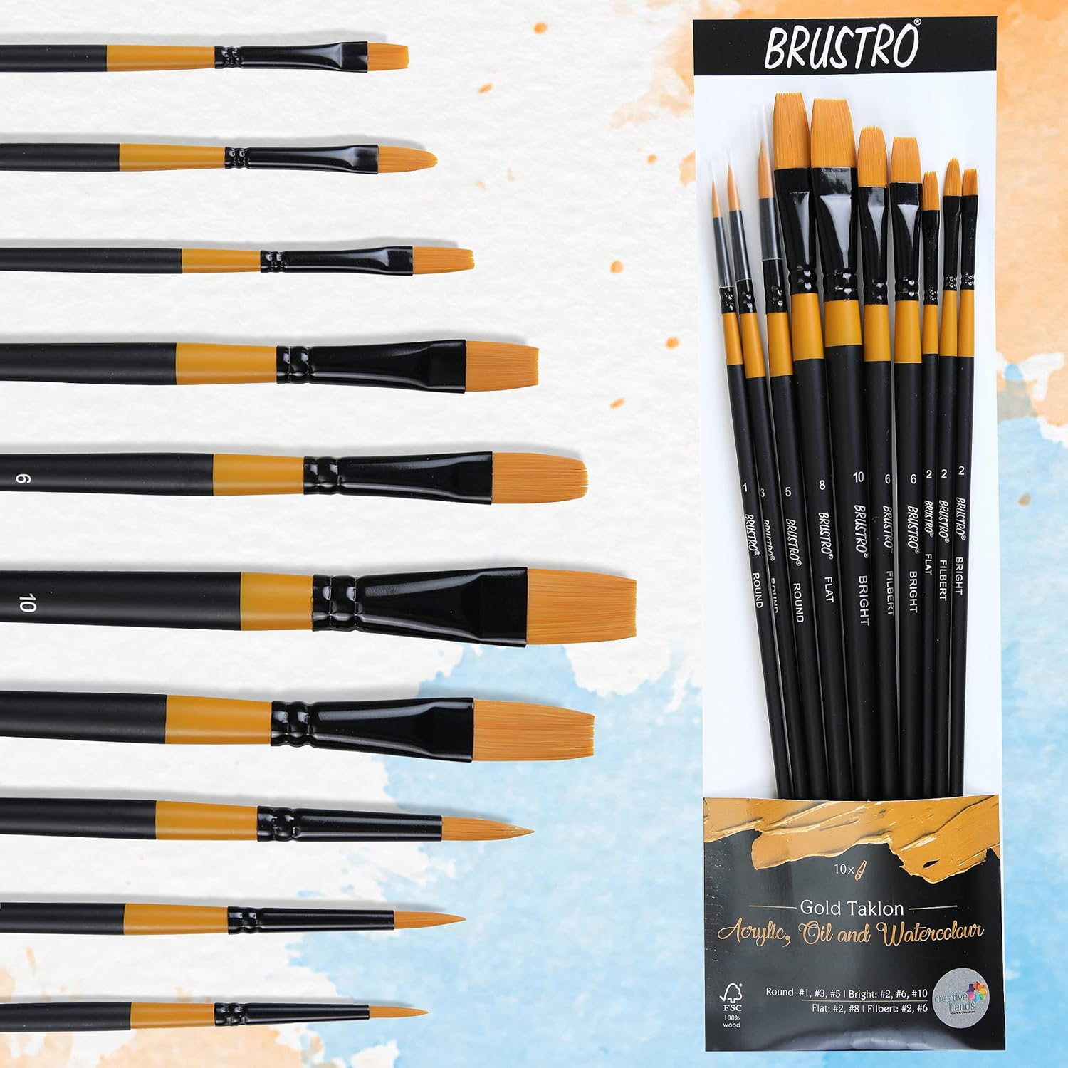 BRUSTRO Artists Gold Taklon Brushes Set of 10| Ideal for Acrylics, Oil Paintings, Watercolour | Long Handle, Bright, Filbert, Flat, Round, Professional Art, School, Office Use. image number 1