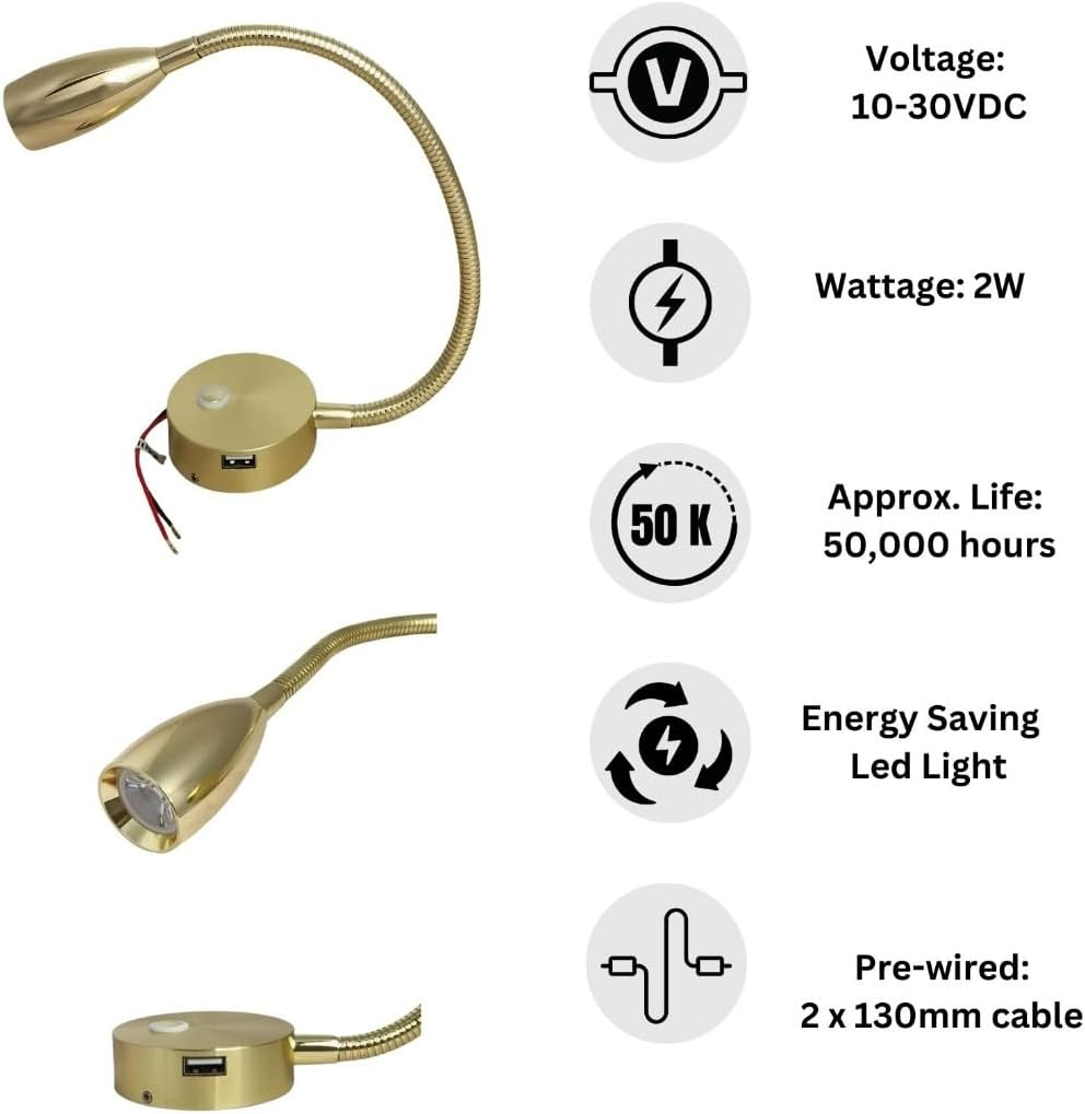 MARVIX LED Flexible Gooseneck Reading Light 12V 24V Spotlight Touch Switch Dimmable USB Charging Port Map Lamp for Motorhome Campervan Boat image number 1