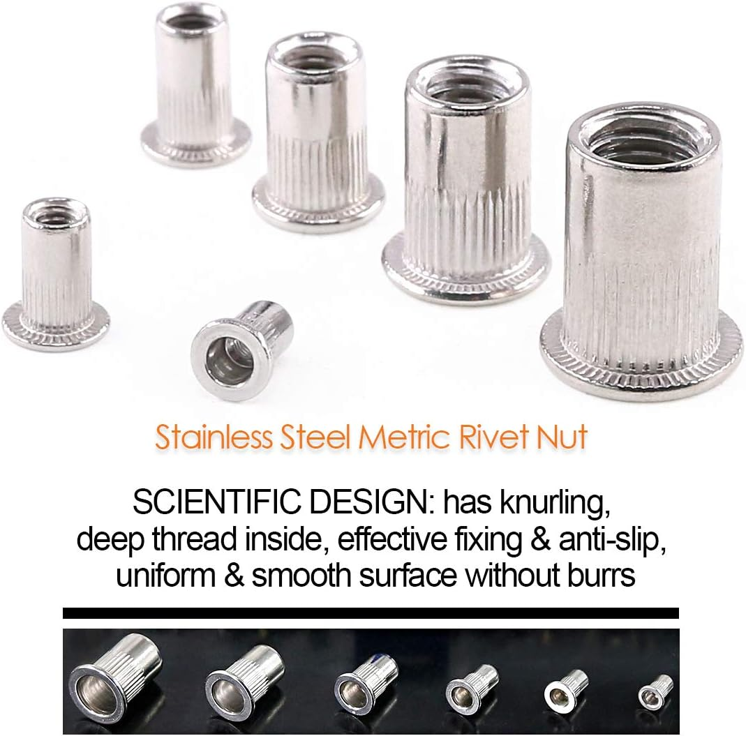 Keadic 126Pcs Metric Stainless Steel Rivet Nut Flat Head Threaded Insert Nutsert Assortment Kit - M3 M4 M5 M6 M8 M10 image number 2
