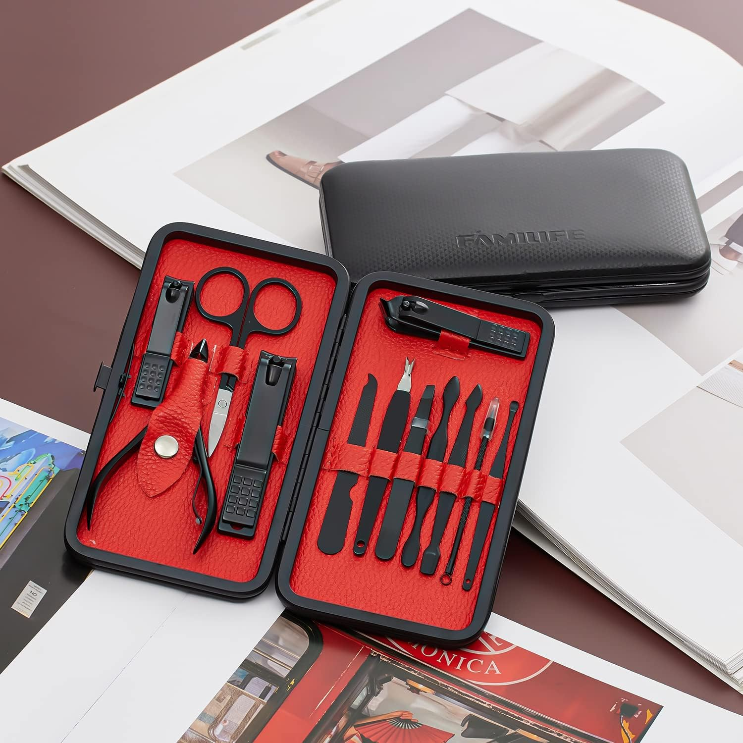 FAMILIFE Manicure Set Professional Stainless Steel Manicure Kit for Women 12Pcs Nail Clippers Kit Travel Case (Black) image number 6