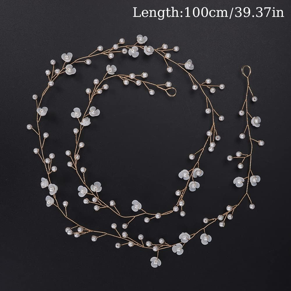 Teyglen Wedding Hair Vine Bridal Long Headband Flower Pearl Beads Long Hair Vine Gold Silver Hair Pieces Hair Jewelry Hair Accessories for Women Girl (Gold) image number 2