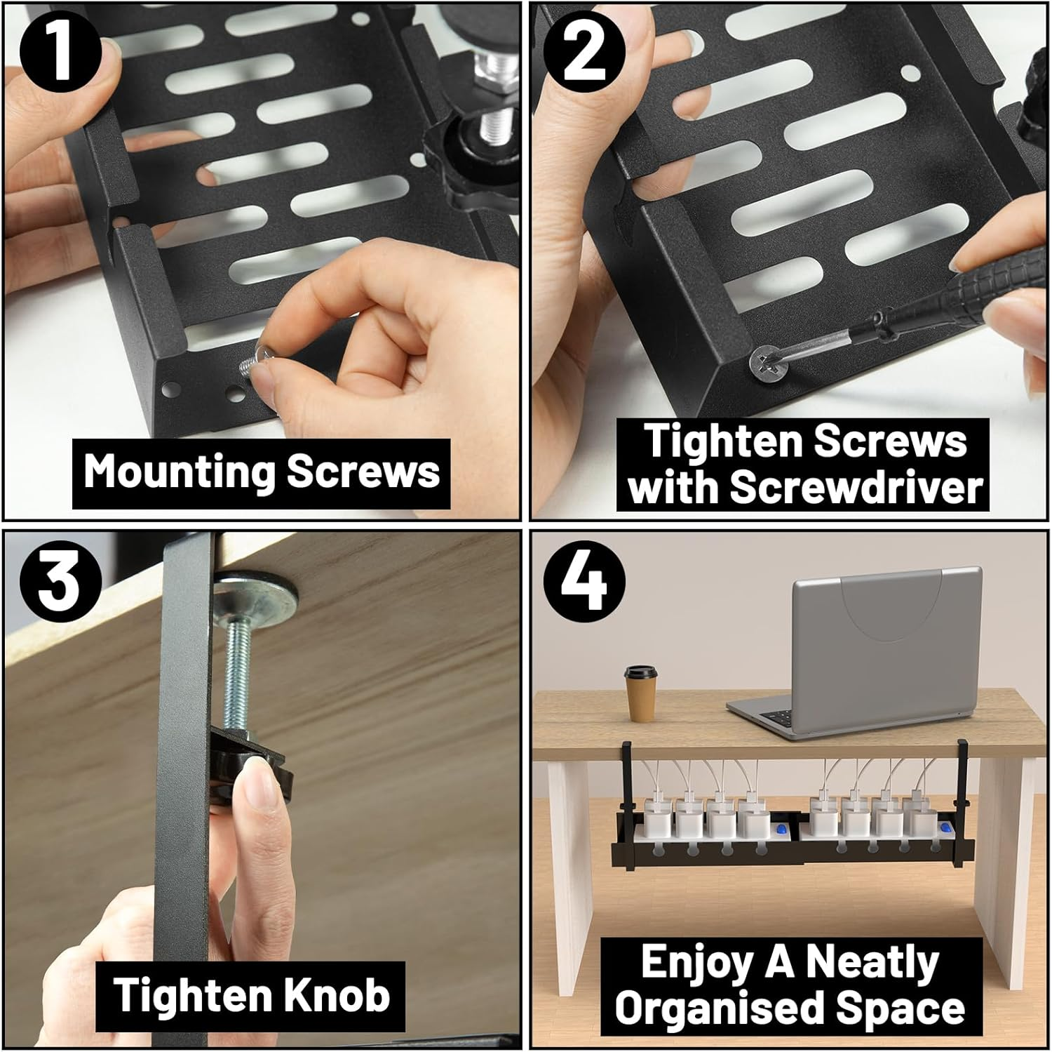 Extendable under Desk Cable Management Tray,11-21Inch Expandable Non-Drilled Metal Cable Management Tray with Desk Clamp,Cable Management Rack for Home Office Vertical Desk image number 5